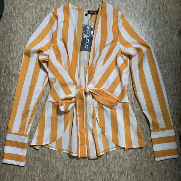 Boohoo Tops - SALE- Stripe Tie Front Woven Blouse